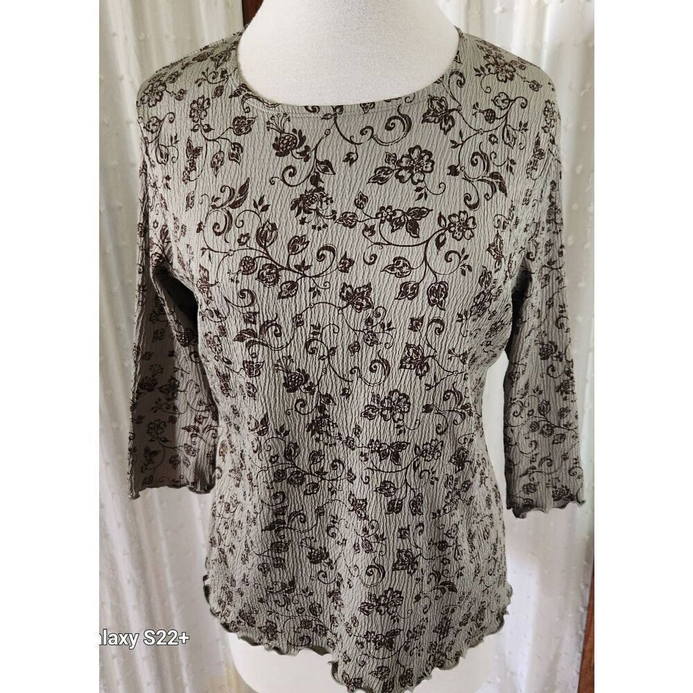 Croft & Barrow dressy Gray-Green top with brown floral pattern 3/4 sleeves Sz M